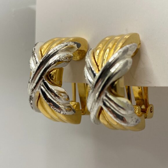 Vintage Two-Tone Gold and Silver Costume Clip-on Hoop Earrings - Picture 3 of 9